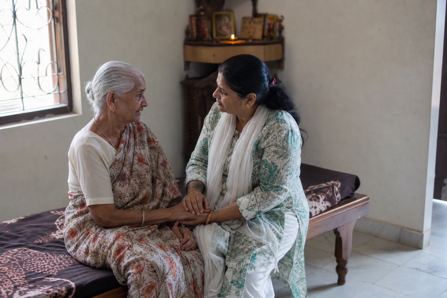 A daughter sitting with her mother at home, holding her hands