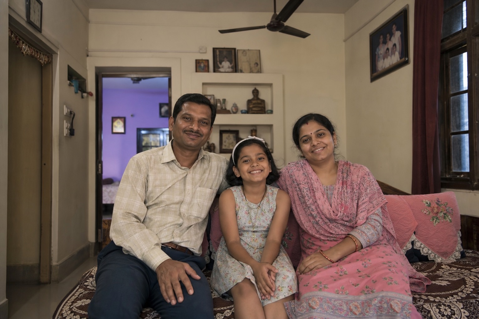 Parents with their daughter at home