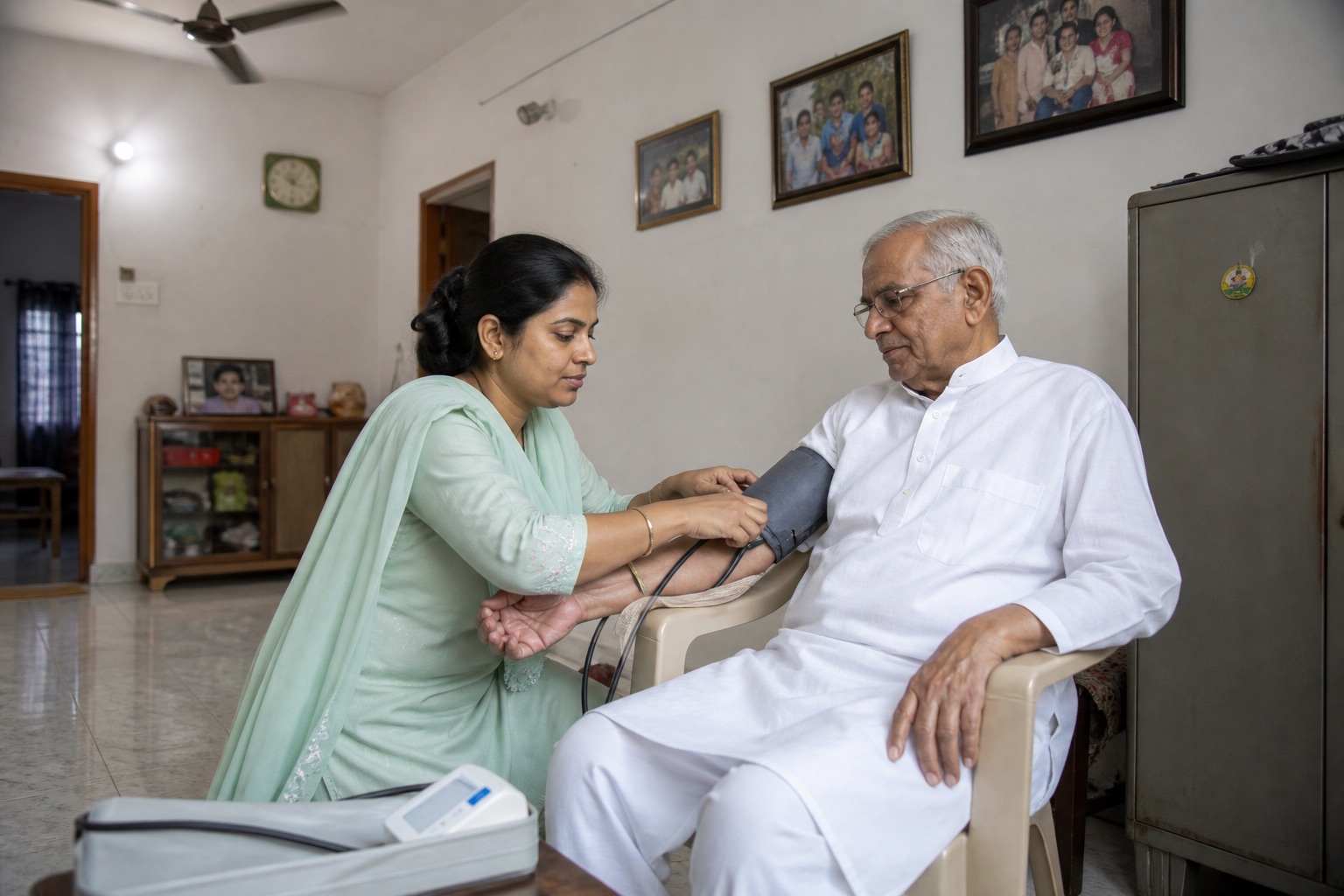 Blood pressure being checked at home for an elderly man
