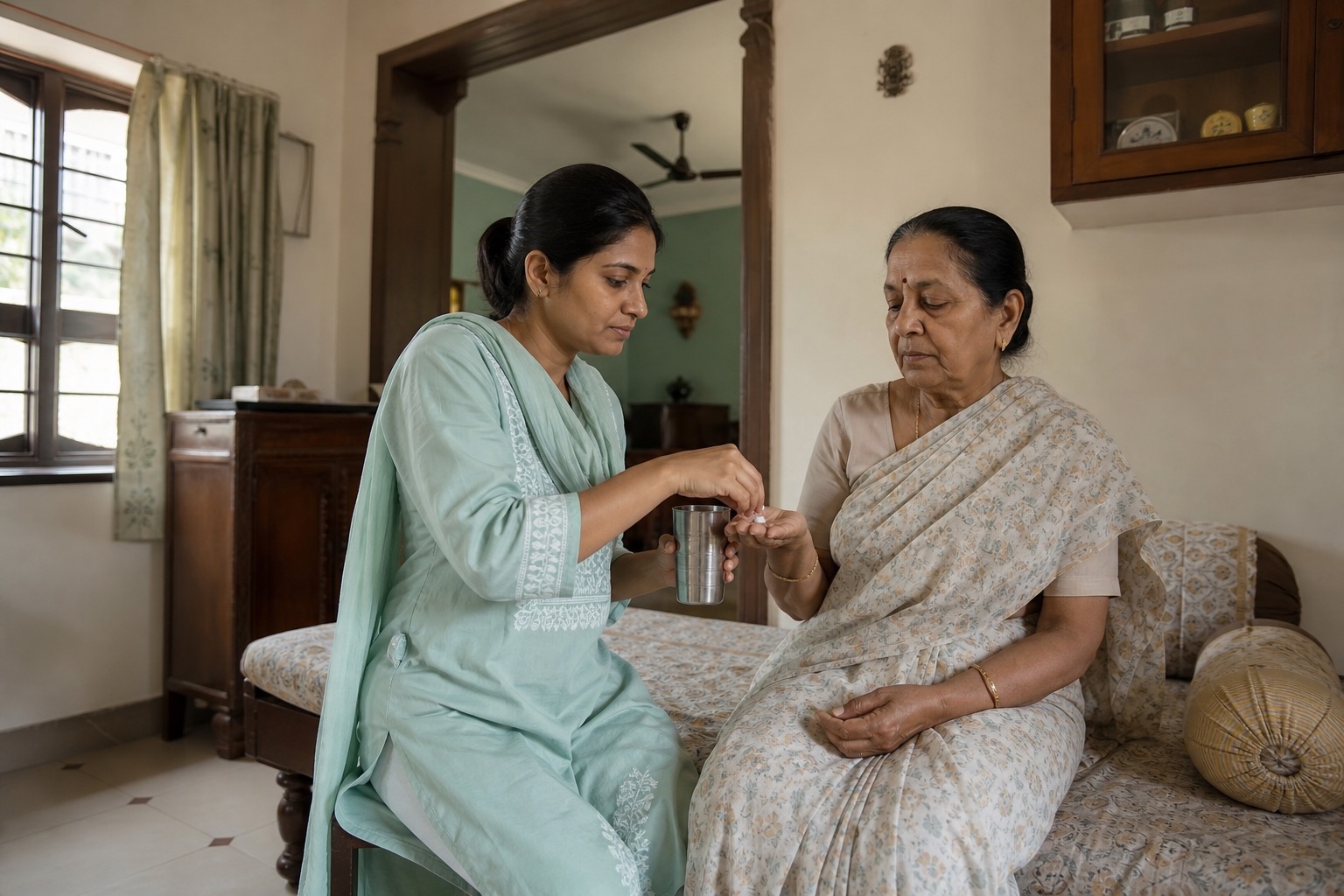 A nurse giving medicine and water to an elderly woman at home