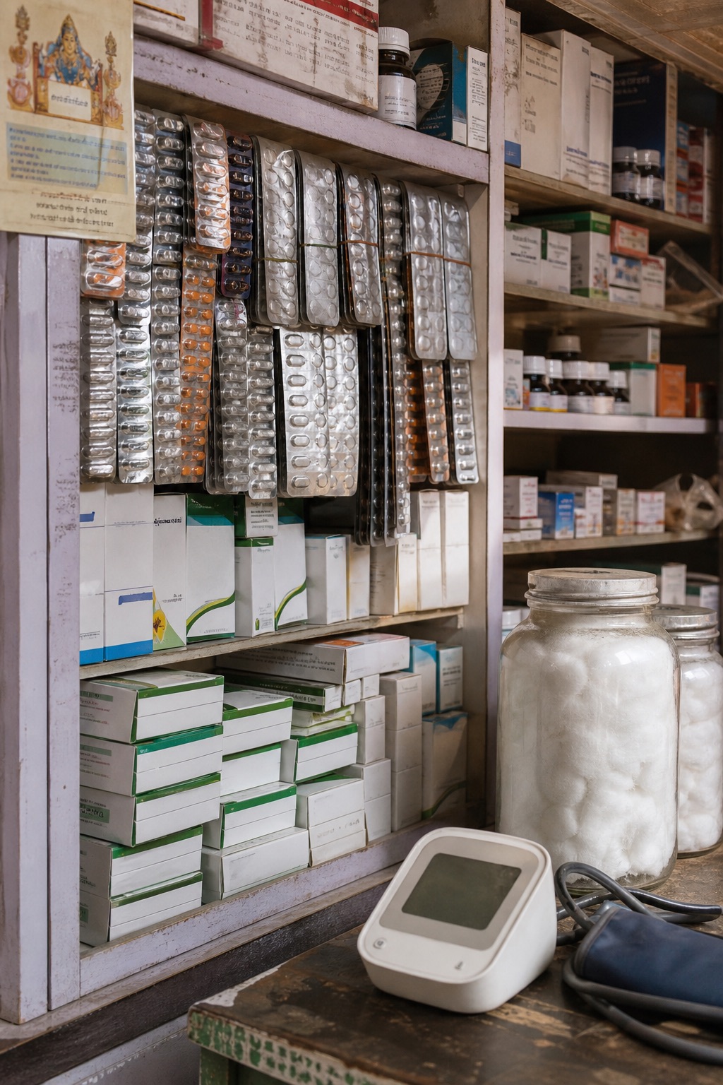 Medicine strips and a BP monitor on the chemist counter